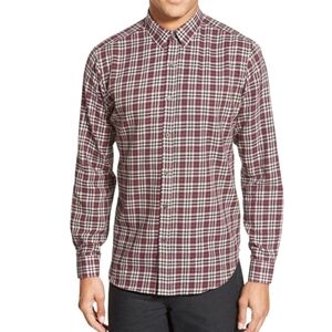 Theory Zack PS Plaid Button Down Shirt M Burgundy Cotton Preppy Smart Casual
